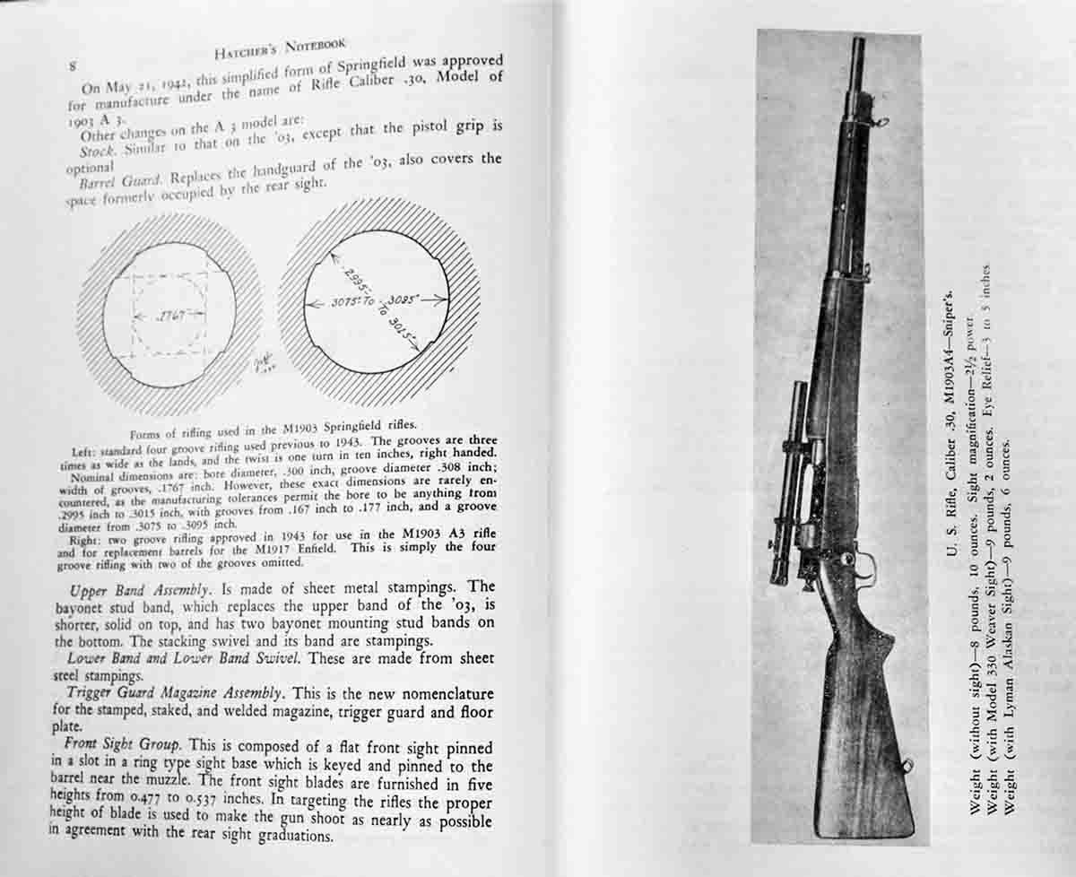 These pages from Hatcher’s Notebook show how the two grooves of the 1903A3 rifling were the same width as the original 4-groove rifling in the original rifles – and one of the 1903A4 sniper rifles with a Weaver scope and without iron sights.